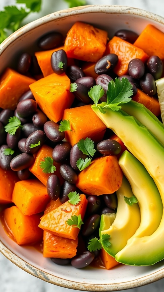 A colorful bowl with roasted sweet potatoes, black beans, avocado, and garnish, accompanied by lime wedges.